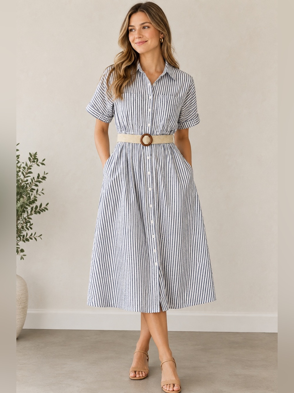 DownEast White & Navy Striped Midi Shirt Dress with Woven Belt